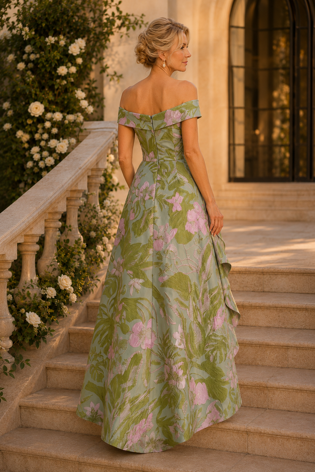 Off-the-Shoulder Floral Jacquard Cascading Gown