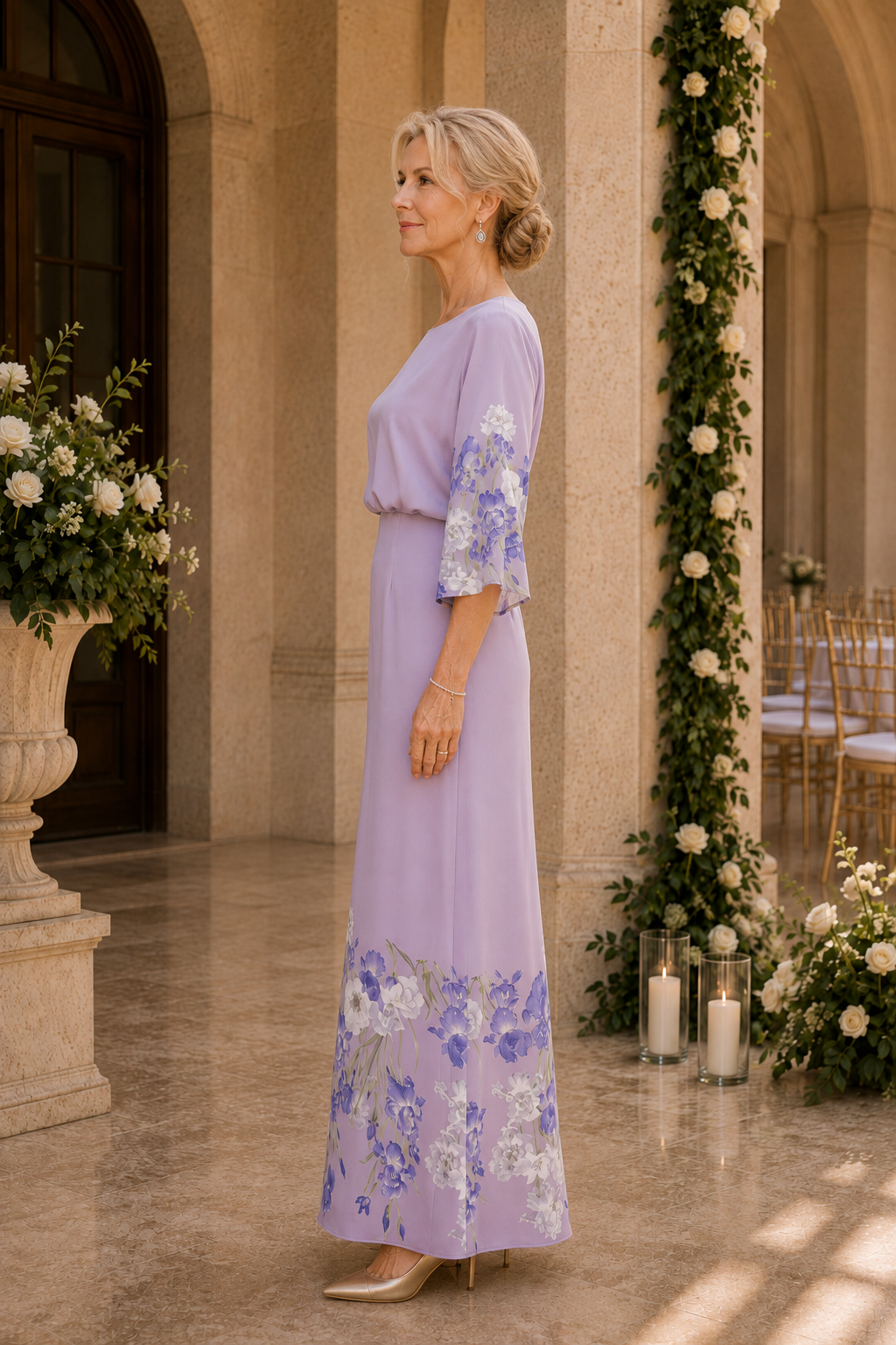 Floral Border Print Maxi Dress with 3/4 Sleeves