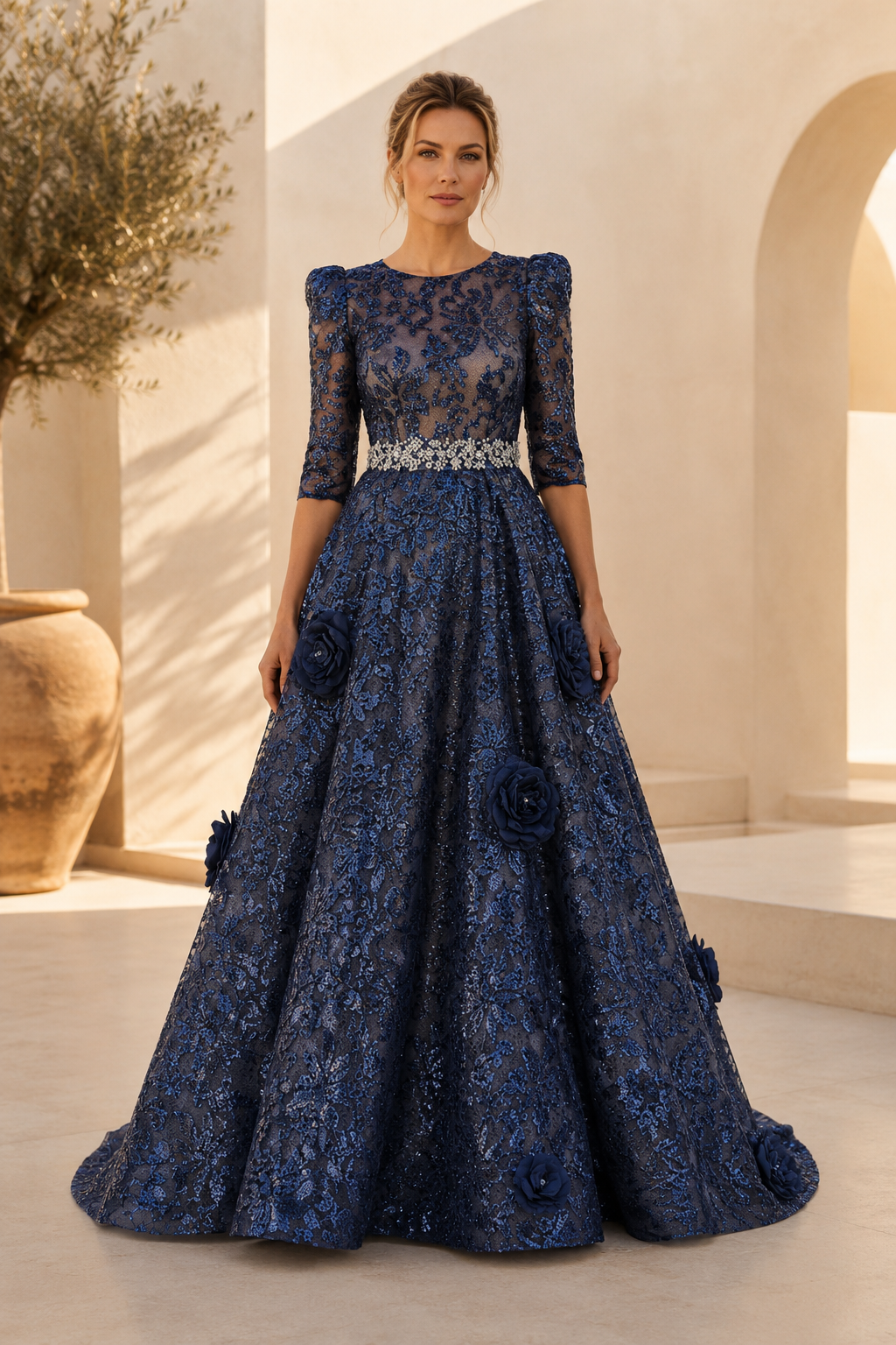 3D Floral Applique Lace Gown with Beaded Waist
