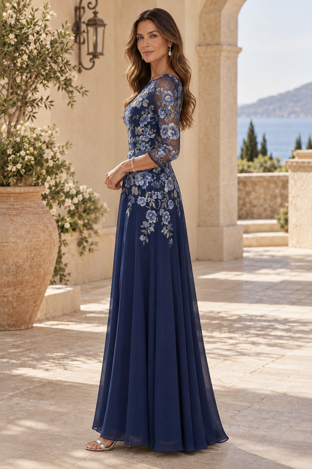 Floral Embroidered 3/4 Sleeve A-Line Gown