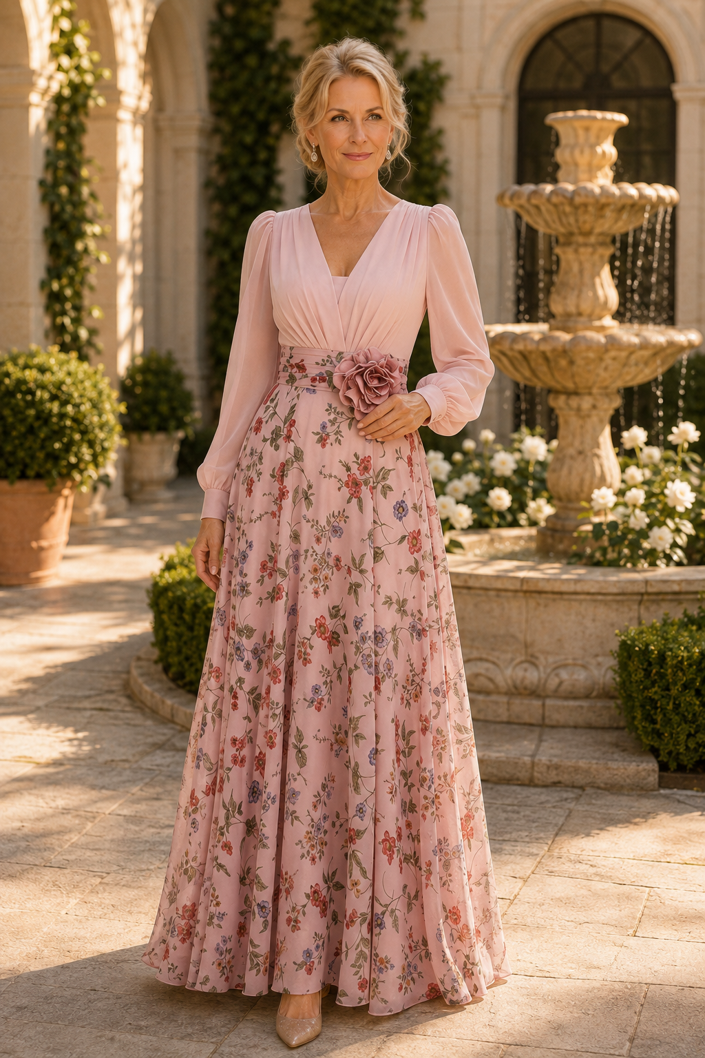 Floral A-Line Maxi Dress with Long Sleeves