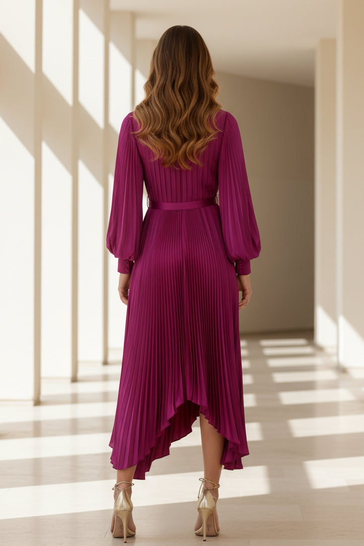 Pleated Long Sleeve Asymmetrical Midi Dress