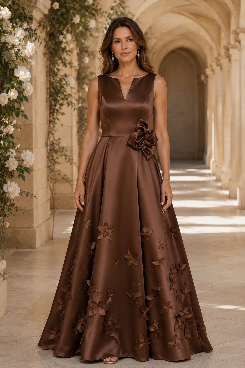 Sleeveless A-Line Gown with 3D Floral Appliques