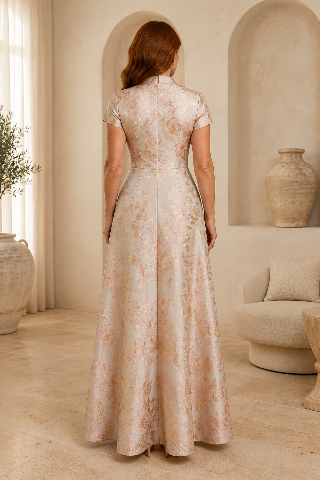 Floral Jacquard A-Line Wrap Gown with Stand Collar