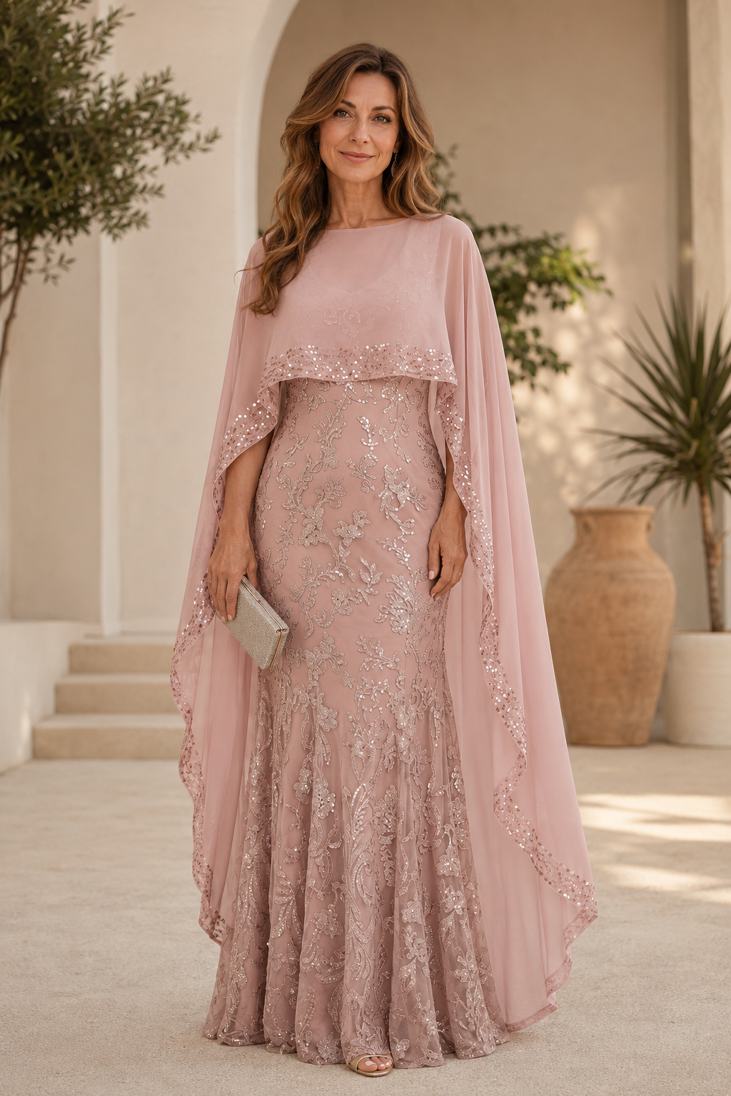 Embroidered Sequin Formal Gown with Capelet
