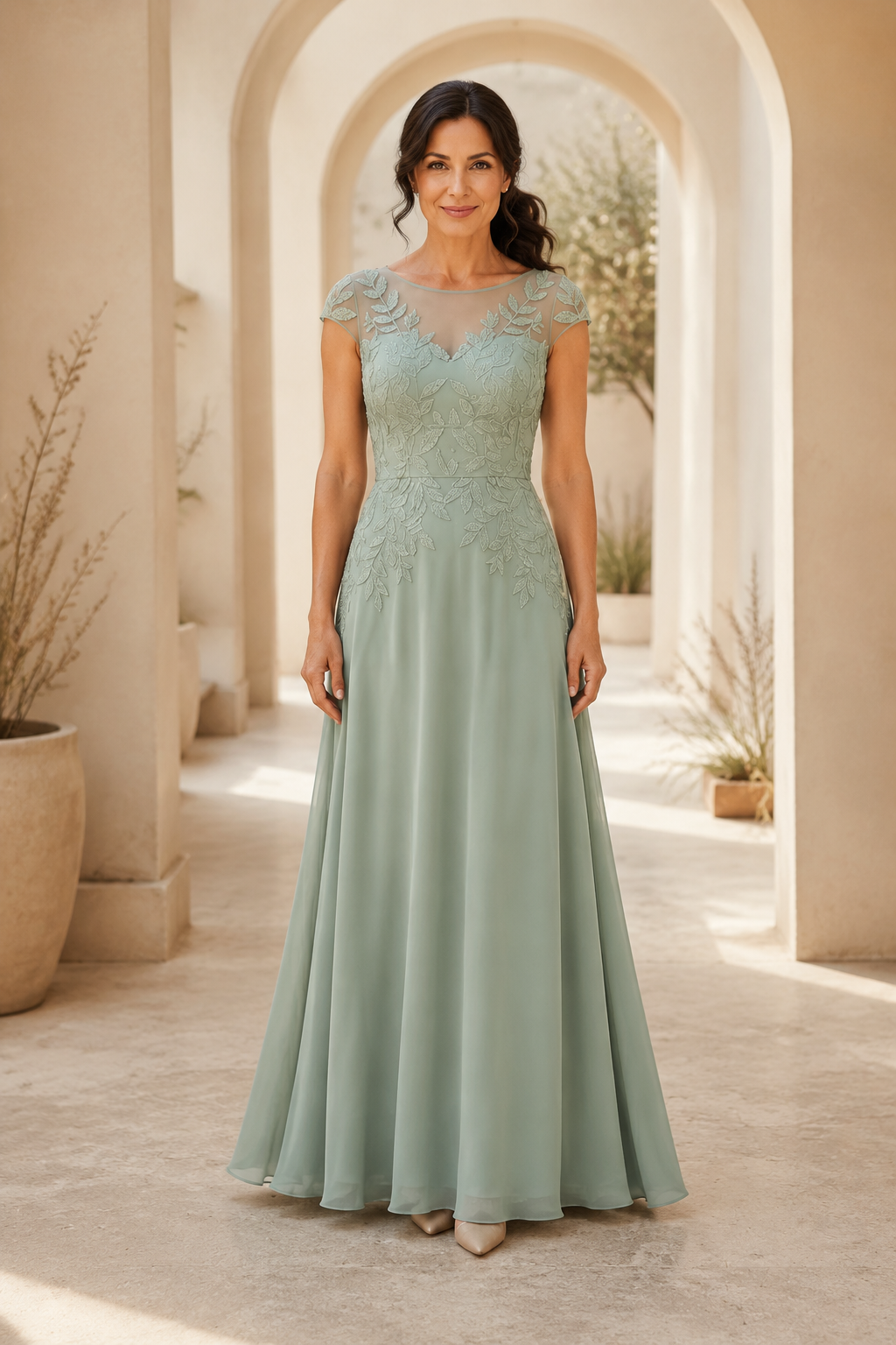 Illusion Neckline A-Line Gown with Leaf Lace Appliques