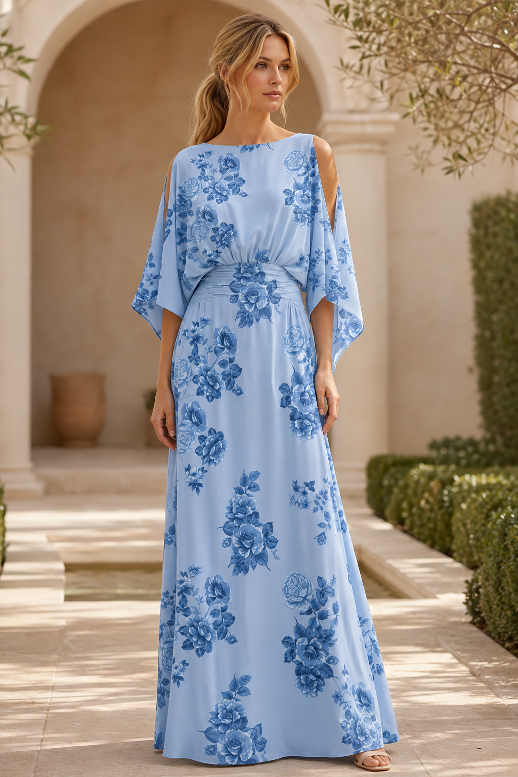 Floral Cold Shoulder Batwing Maxi Dress