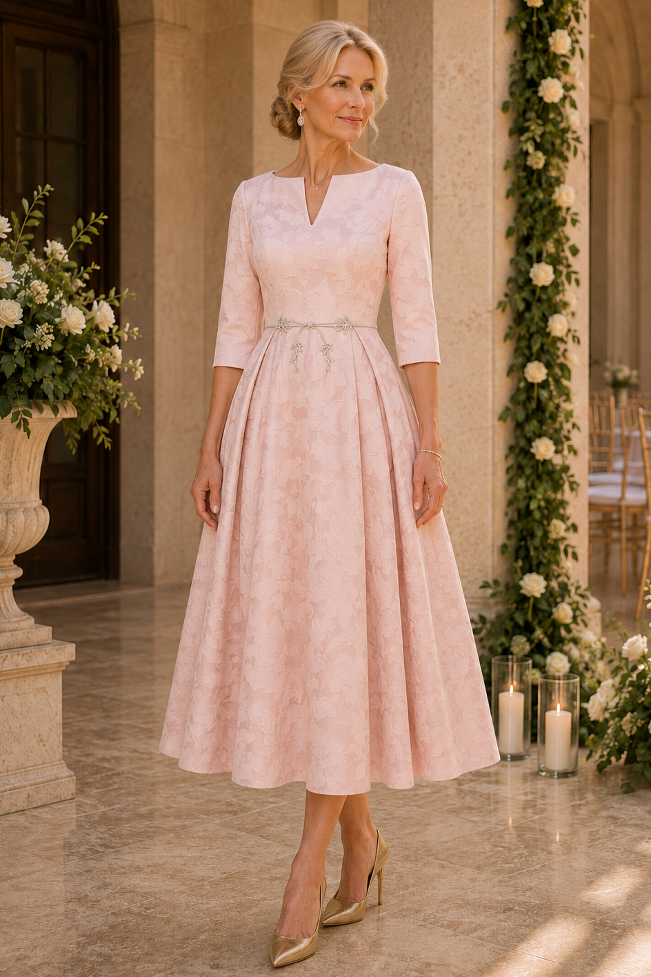 Jacquard Tea-Length Dress with 3/4 Sleeves
