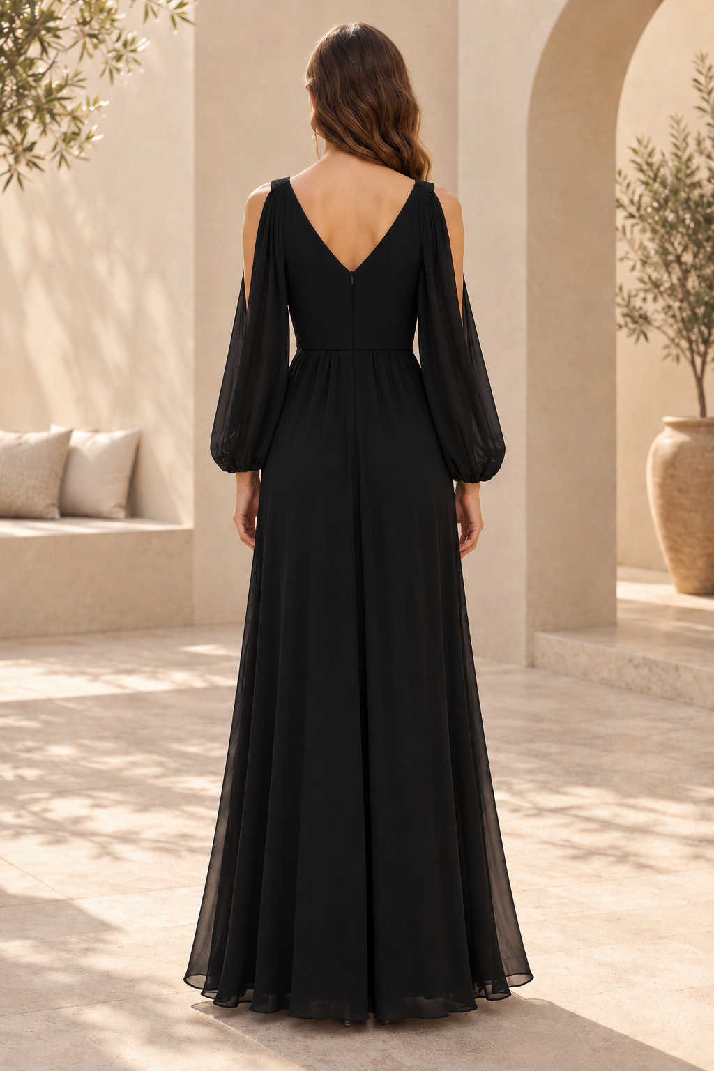 Cold-Shoulder Maxi Gown with Crystal Detail