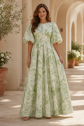 Puff Sleeve Pleated A-Line Floral Maxi Dress