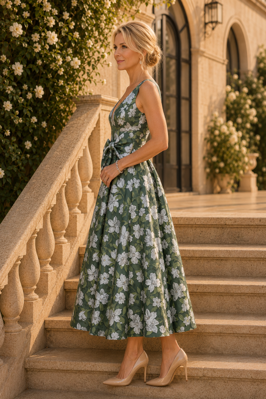 Floral Deep V-Neck A-Line Dress with Bow Accent
