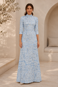 High-Neck Floral Jacquard Gown with 3/4 Sleeves