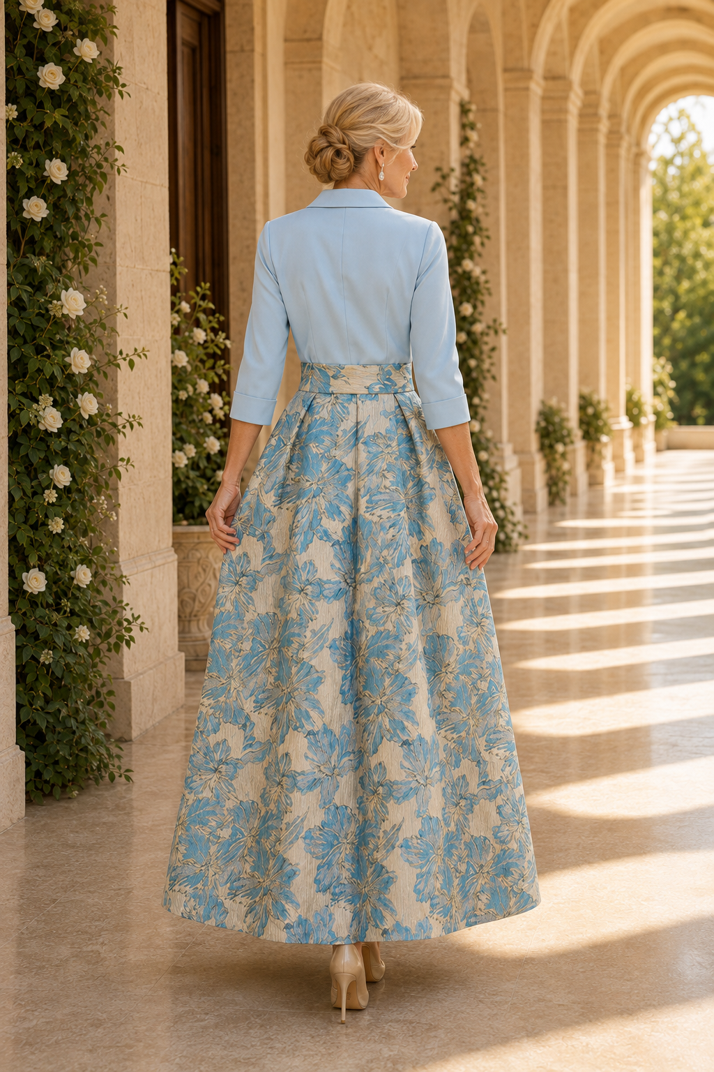 Collared Wrap Bodice Floral Jacquard Maxi Dress