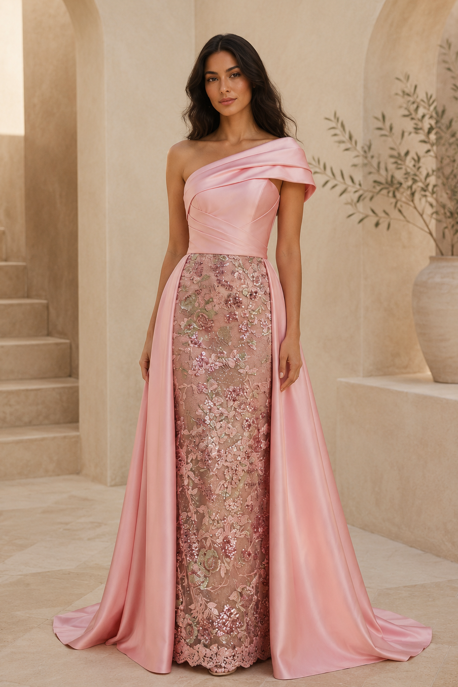 One Shoulder Floral Sequin Gown with Satin Overskirt