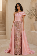 One Shoulder Floral Sequin Gown with Satin Overskirt