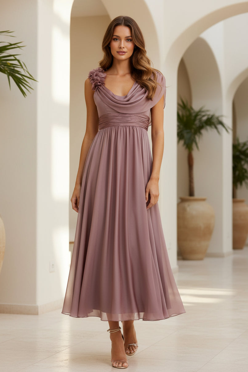 Draped Cowl Neck Midi Dress with 3D Flower