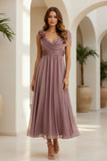 Draped Cowl Neck Midi Dress with 3D Flower