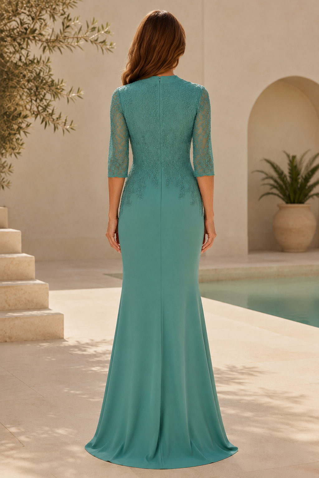 Lace Illusion High Neck Gown with Front Slit