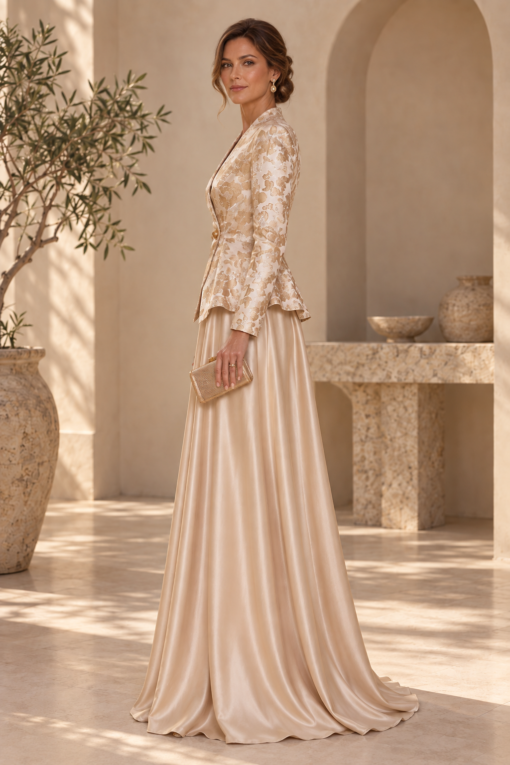 Jacquard Peplum Jacket Evening Gown