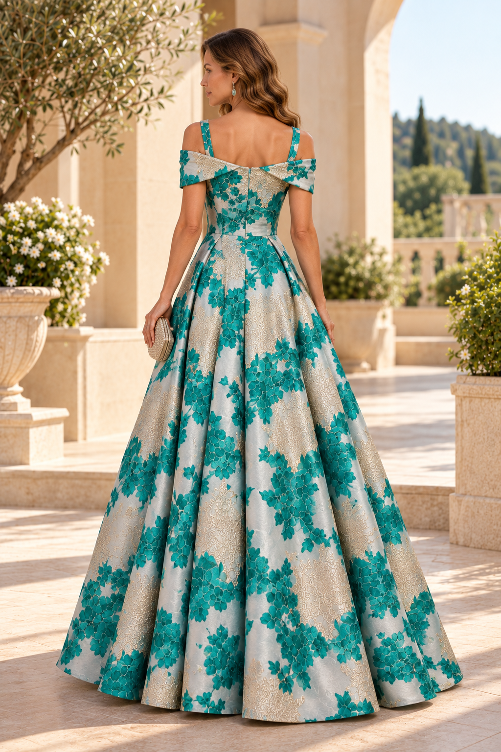 Cold-Shoulder Jacquard Ball Gown with Floral Applique