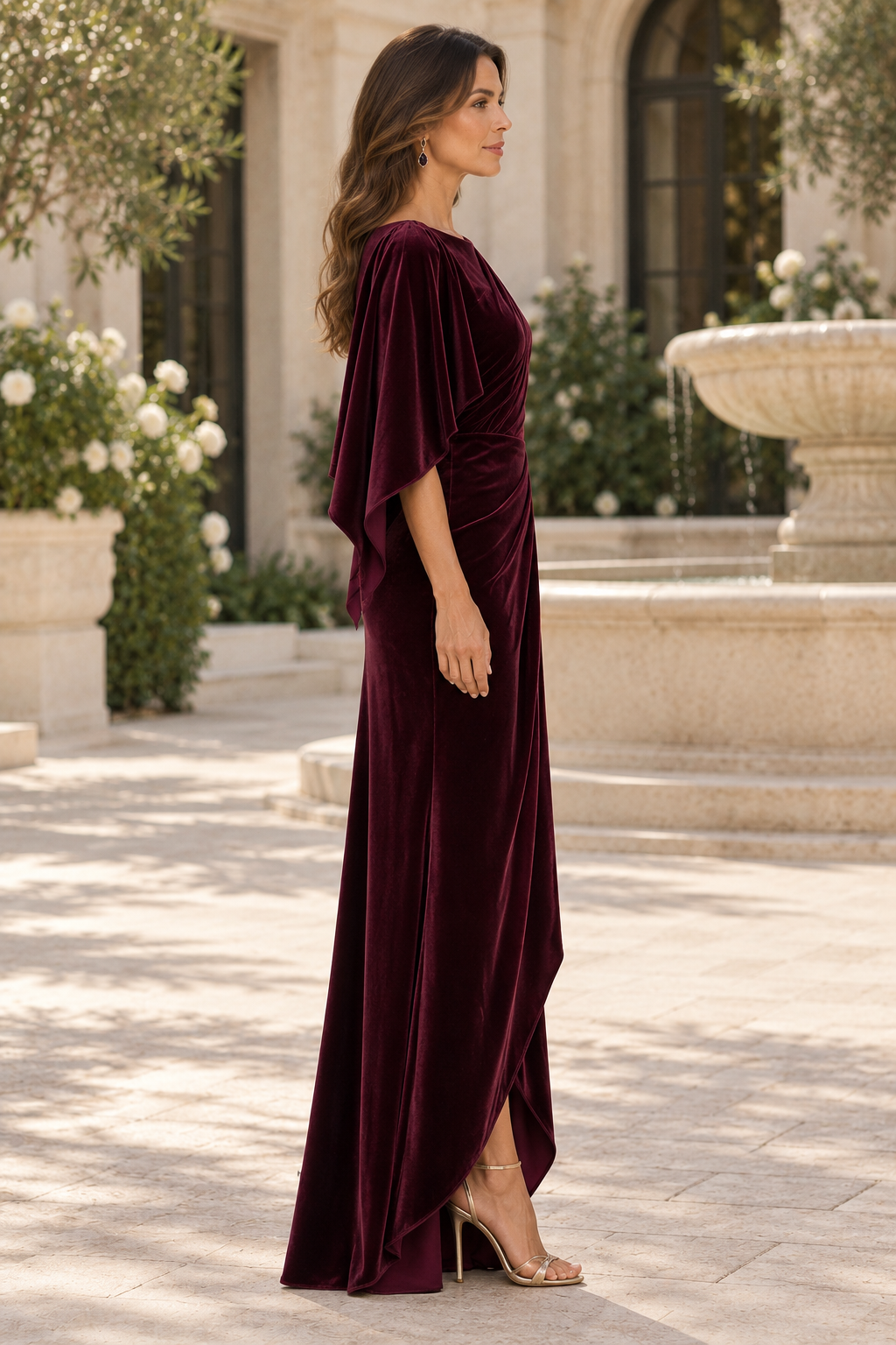Ruched Velvet Cape Gown with High-Low Hem