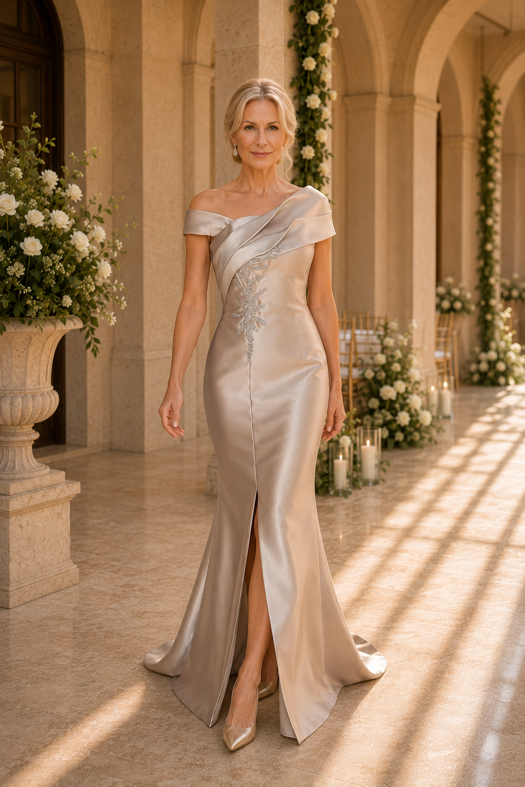 Asymmetrical Off-Shoulder Satin Gown with Slit