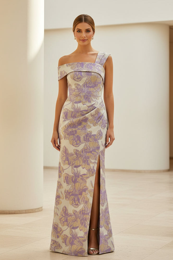 Floral Jacquard One-Shoulder Slit Evening Gown