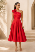 One Shoulder Satin Midi Dress with Rose Detail