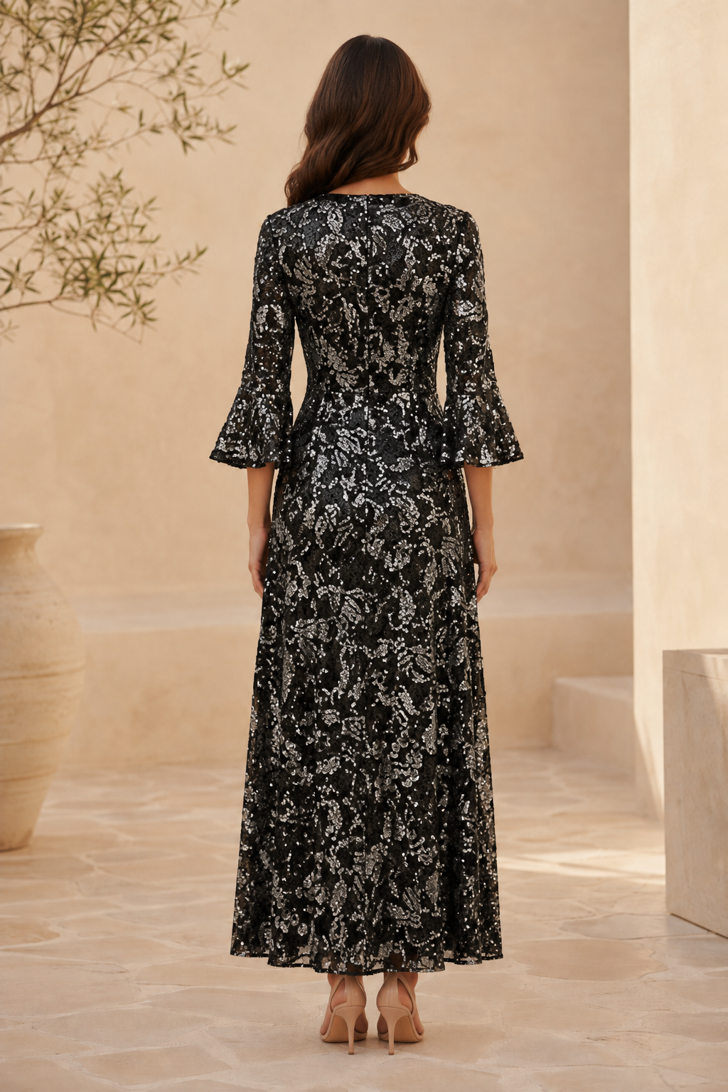 Sequined V-Neck A-Line Gown with Bell Sleeves