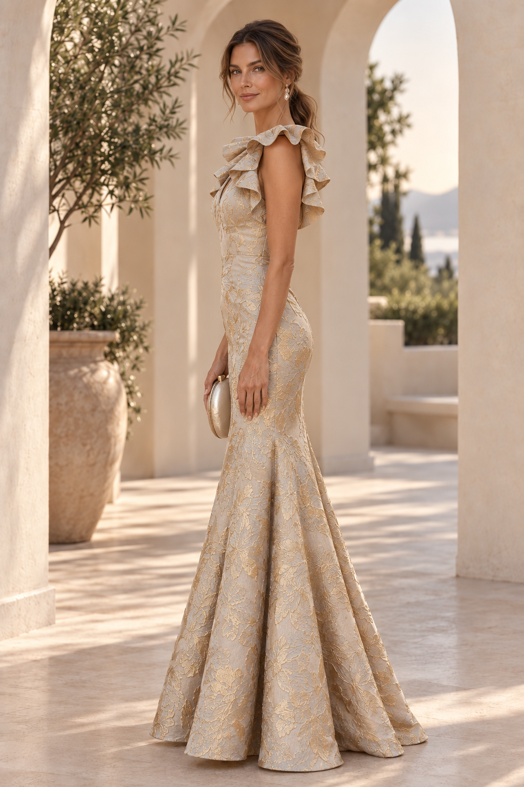 Floral Jacquard Ruffle-Shoulder Mermaid Gown