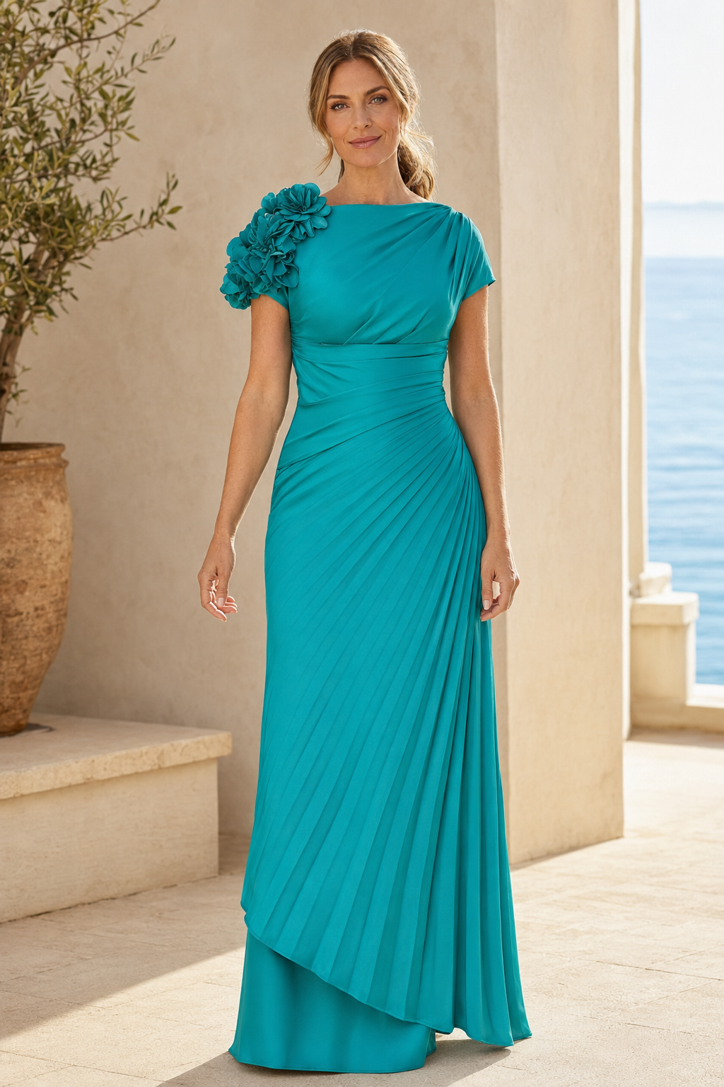 Pleated Column Gown with 3D Floral Shoulder