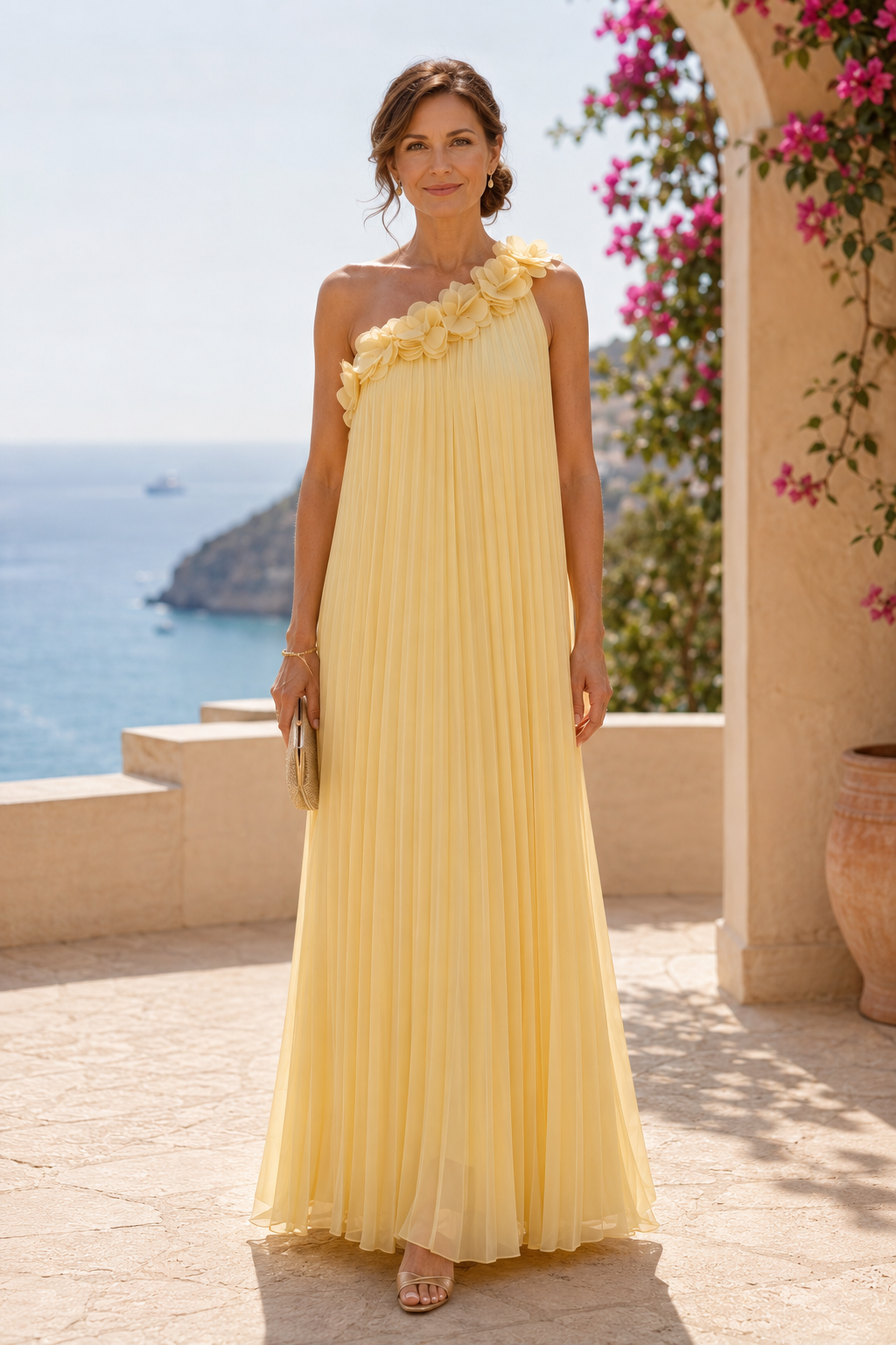 One-Shoulder Floral Appliqué Pleated Maxi Dress