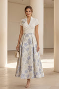 Floral Jacquard Midi Dress with Wrap Bodice