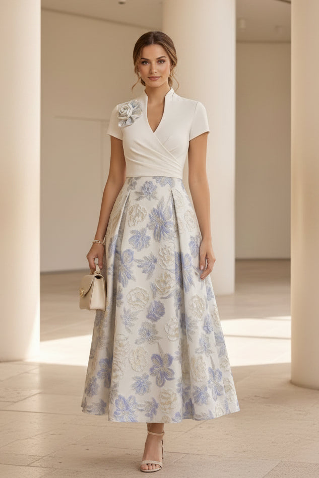 Floral Jacquard Midi Dress with Wrap Bodice