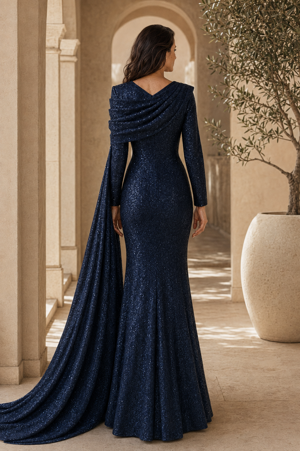 Sequin Asymmetrical Drape Cape Gown