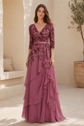 Sequin Bodice Cascading Chiffon Evening Gown