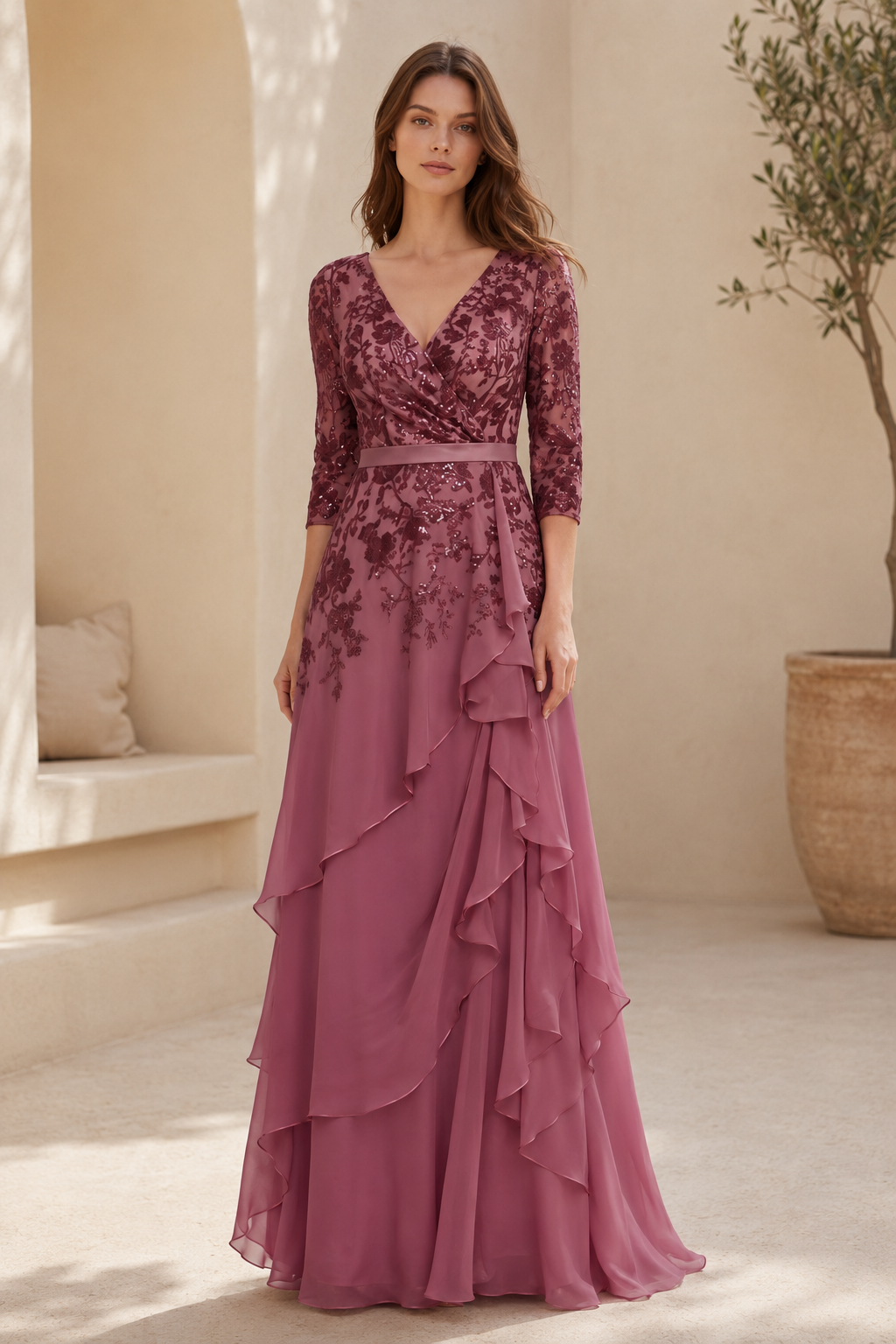 Sequin Bodice Cascading Chiffon Evening Gown