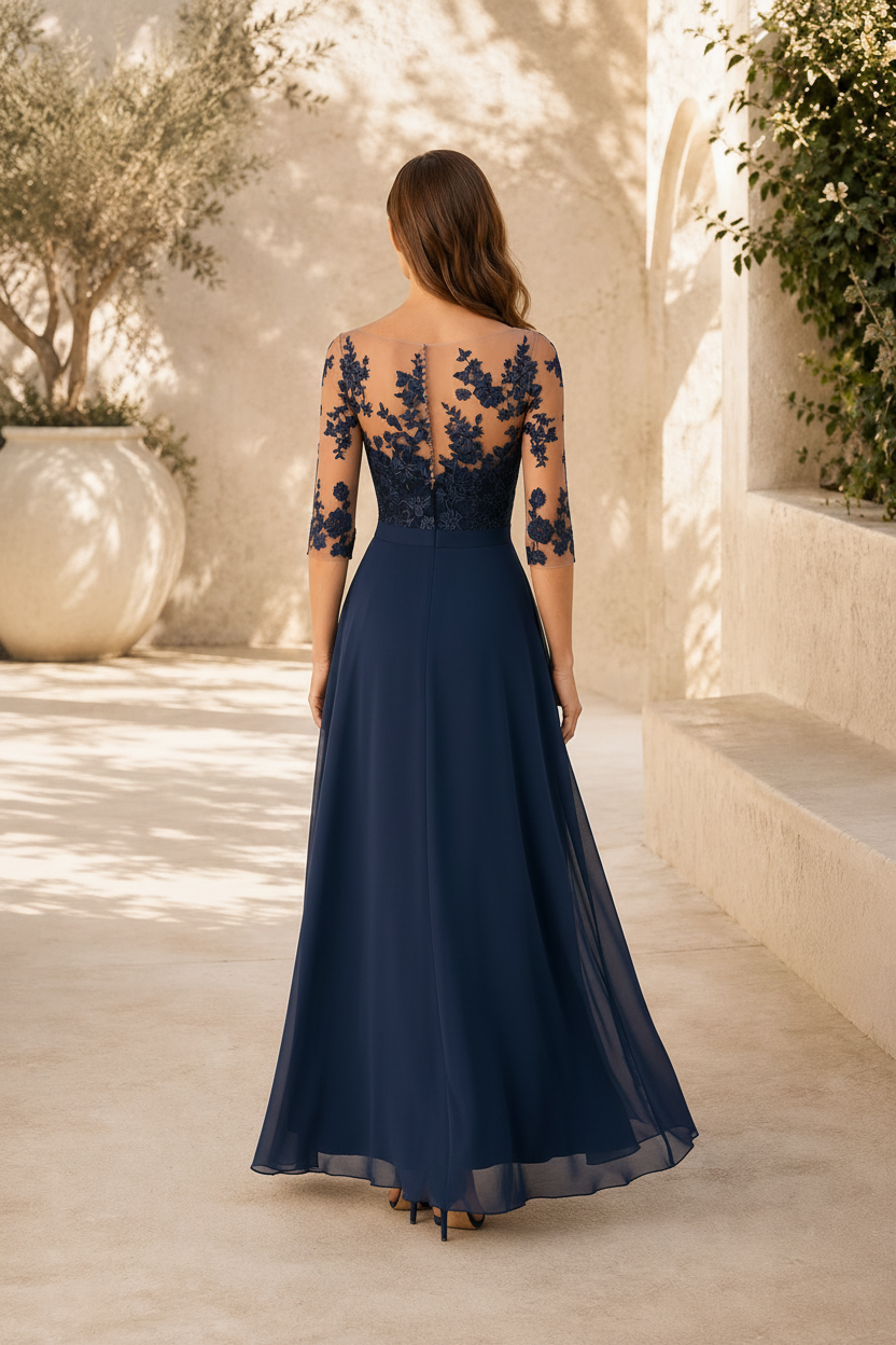 Illusion Lace Applique Gown with High-Low Ruffled Skirt