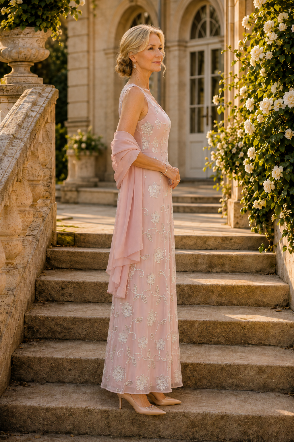 Floral Beaded Sleeveless Maxi Dress with Shawl