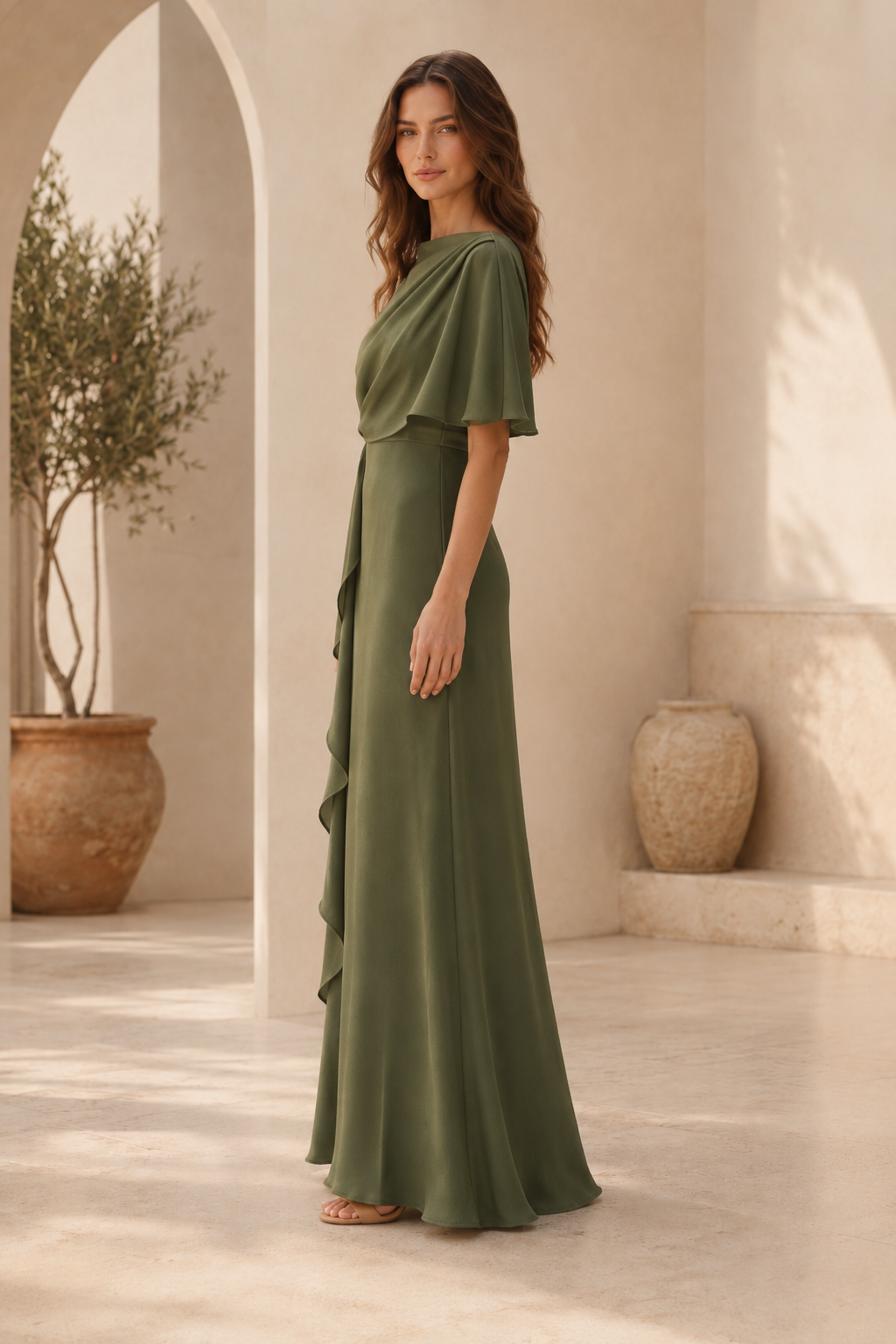 Flutter Sleeve Bateau Neck Sheath Gown with Side Drape