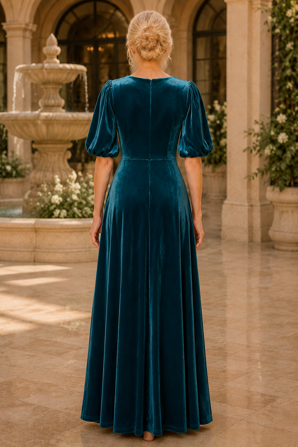 Puff Sleeve Velvet A-Line Maxi Dress