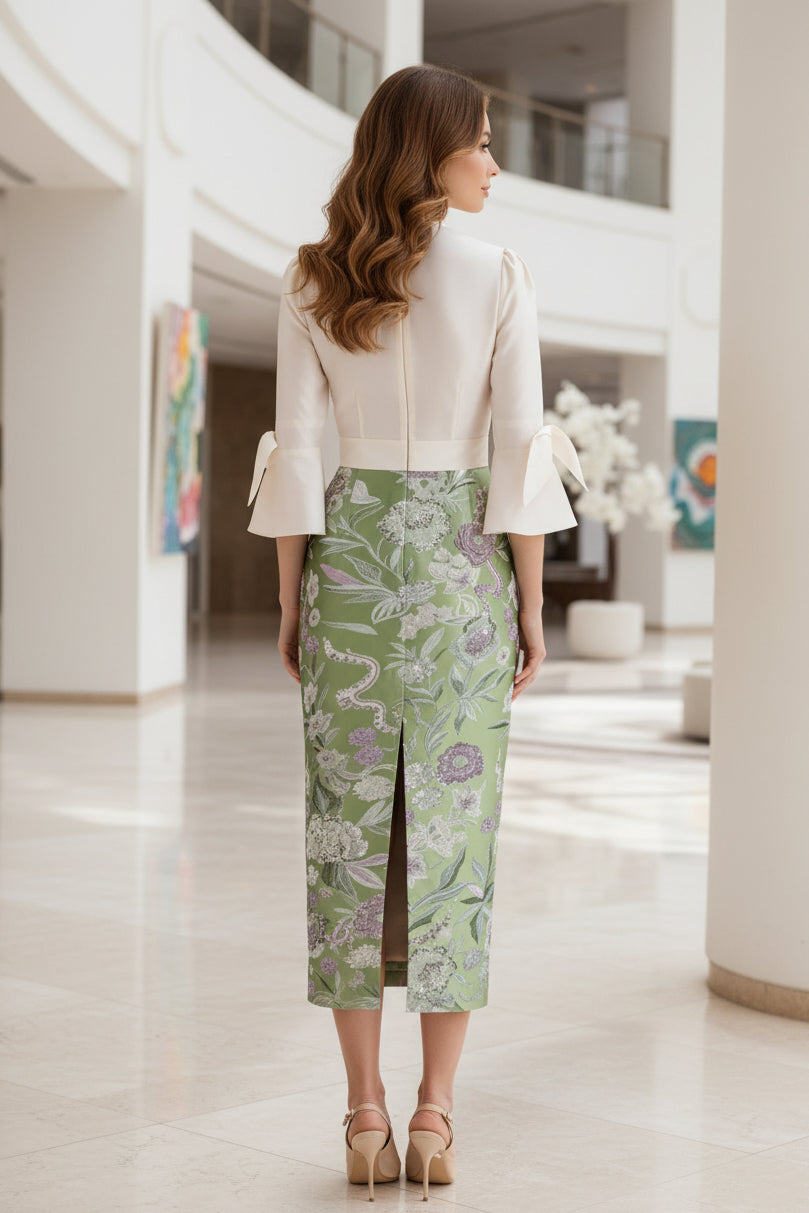 Floral Jacquard Pencil Skirt & Bow Blouse Set