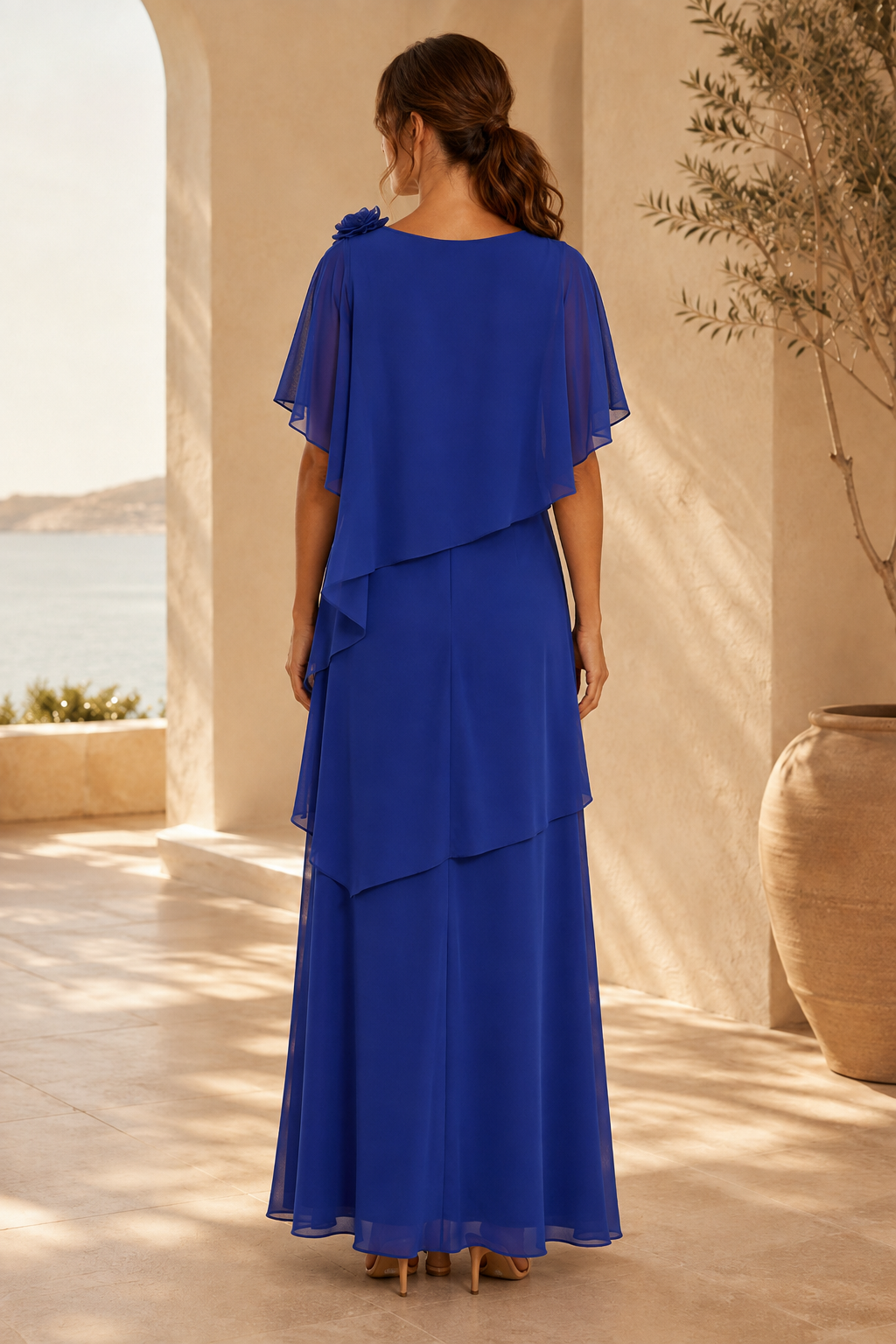 Tiered Chiffon Maxi Dress with Capelet Overlay