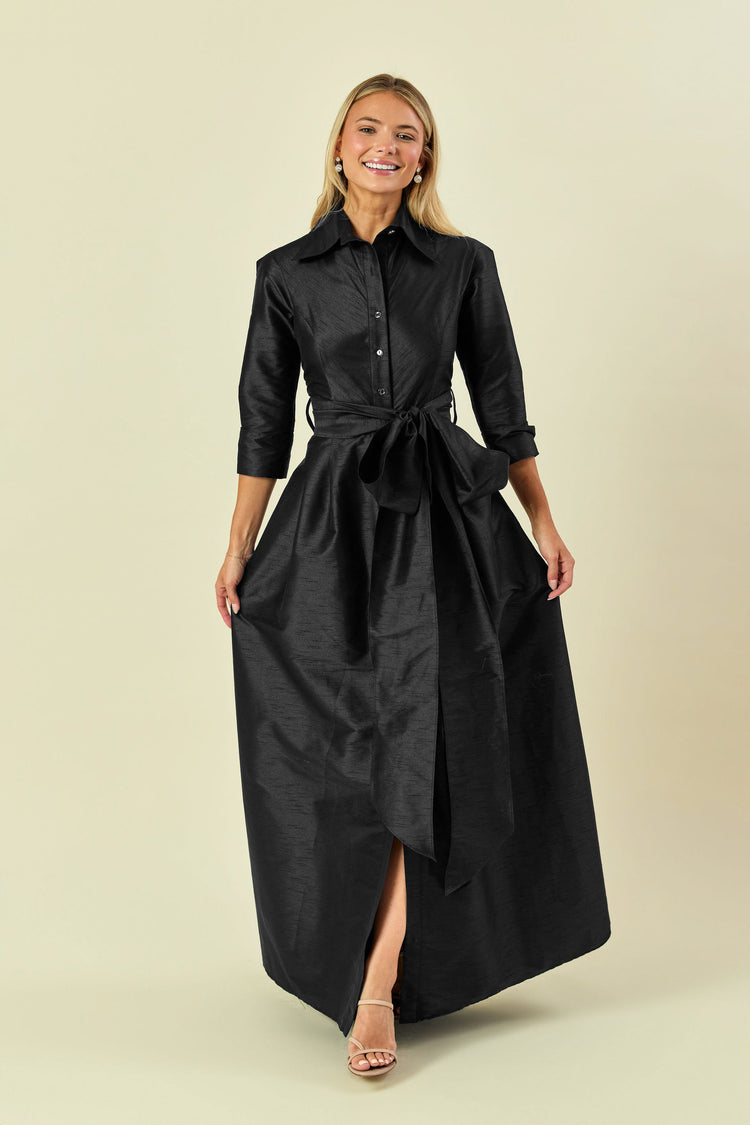 Taffeta A-Line Maxi Shirt Dress with Sash