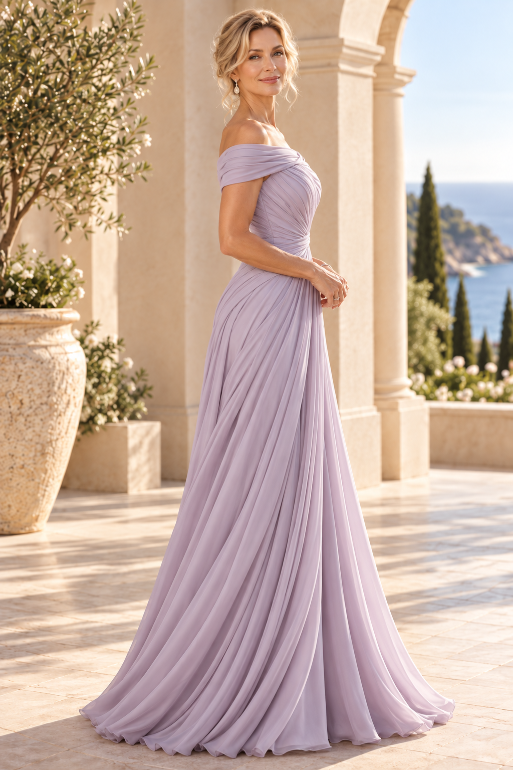 Off-the-Shoulder Pleated Chiffon A-Line Gown