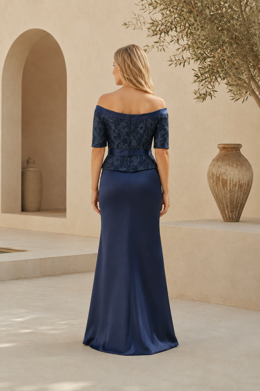 Off the Shoulder Lace Peplum Evening Gown