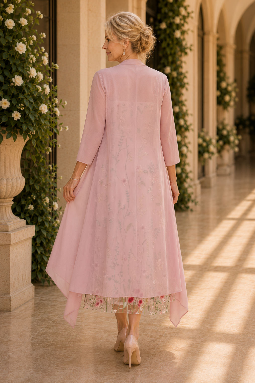 Floral Embroidered Midi Dress with Duster Jacket