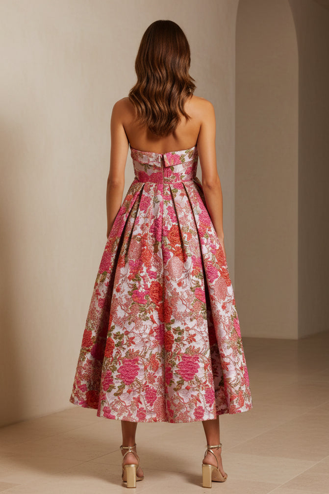 Strapless Floral Jacquard Midi Dress with Pockets