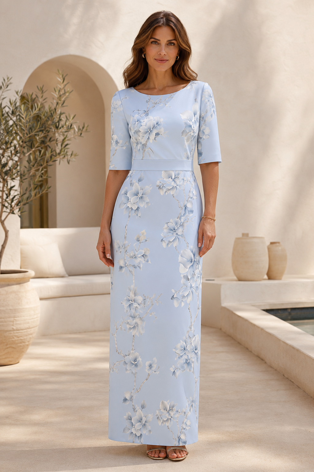 Floral Print Elbow Sleeve Sheath Gown