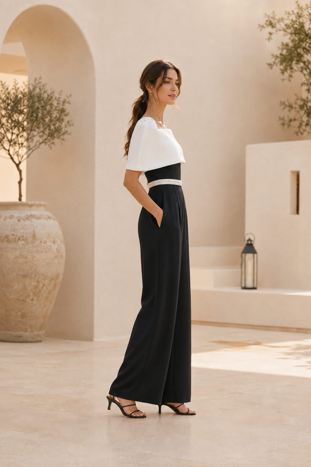 Wide-Leg Capelet Jumpsuit with Back Bow